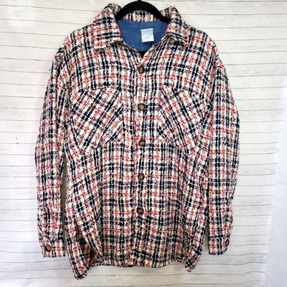 NAGRI RED, WHITE & BLUE TEXTURED PLAID SHIRT JACKET, SZ LARGE - Picture 2 of 14